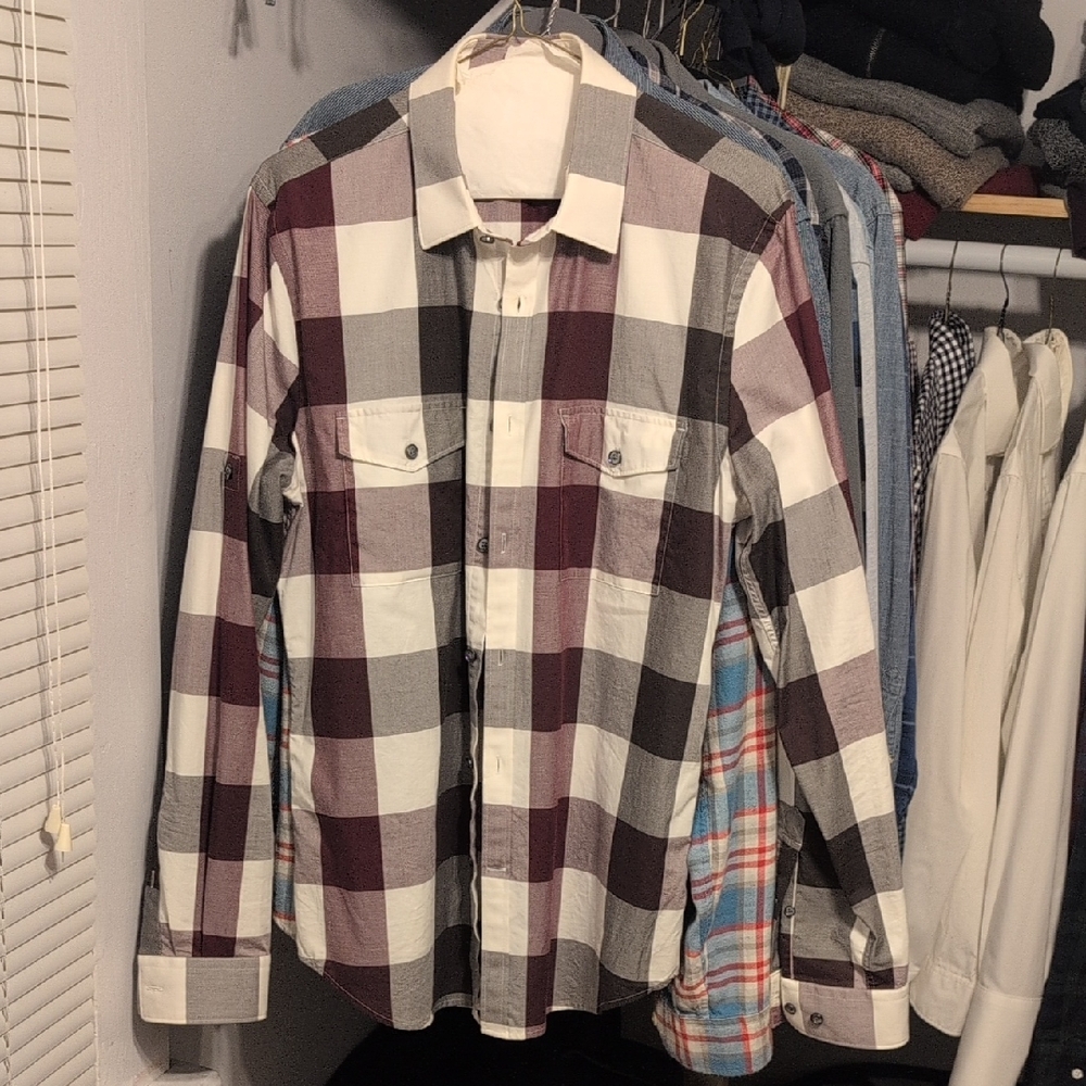 Express Men's Checkered Shirt - Burgundy, White, and Gray